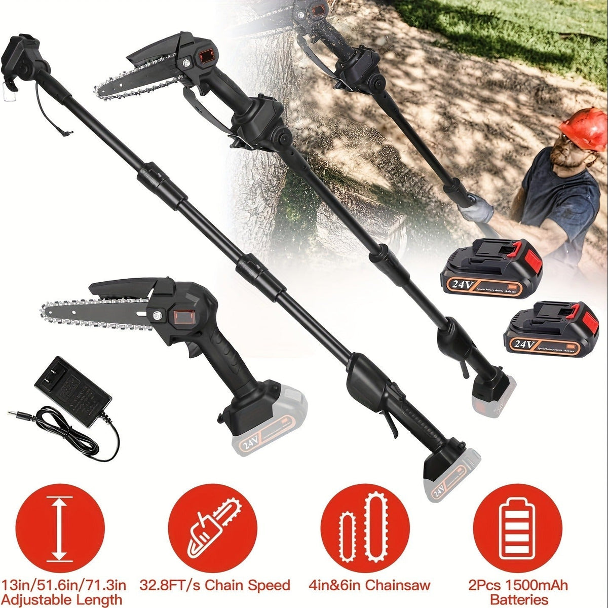 Cordless 4- and 6-Inch Pole Saw with Three Extension Sections, 90° Head, Two Batteries and Two Colors — image 13
