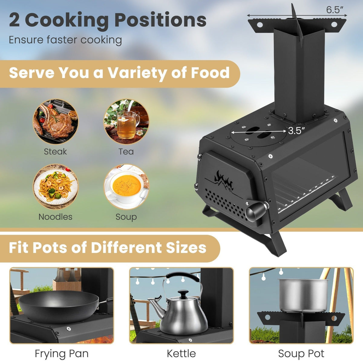 Camp Stove Wood Burning 2-in-1 Outdoor Cookstove & Heater, Carbon Steel, Glass-Ceramic Window, Dual Cooking Positions — image