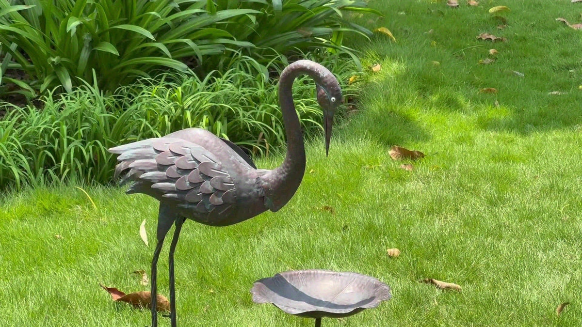 36-Inch Crane Sculpture Bird Bath Set with Separate 12.6-Inch Basin and Garden Stakes for Yard Decor — image 8