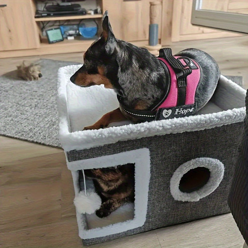 Foldable Gray Cat Condo with Top Platform, Scratch Panel, Openings and Four Cube-Style Options — image 4