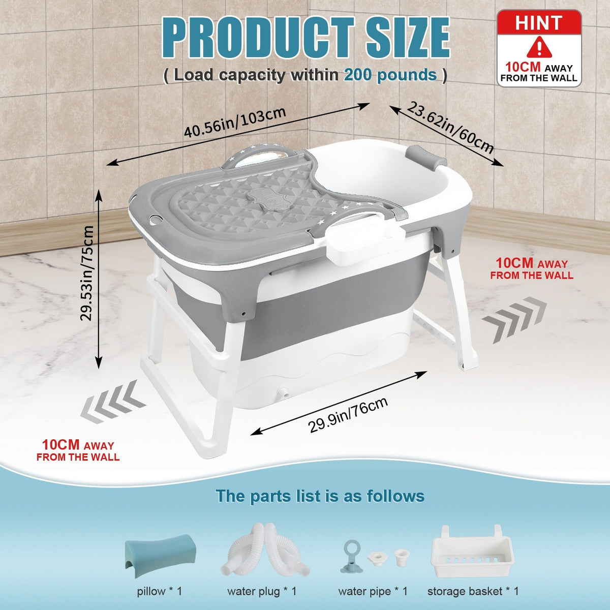 Portable Bathtub for Adults with Insulation Cover & Drainage Pipe, Foldable Hot Tub for Indoor Outdoor Sauna — image 9