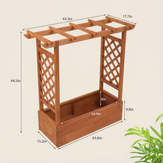 Raised Wooden Planter Box with Tall Trellis for Climbing Plants
