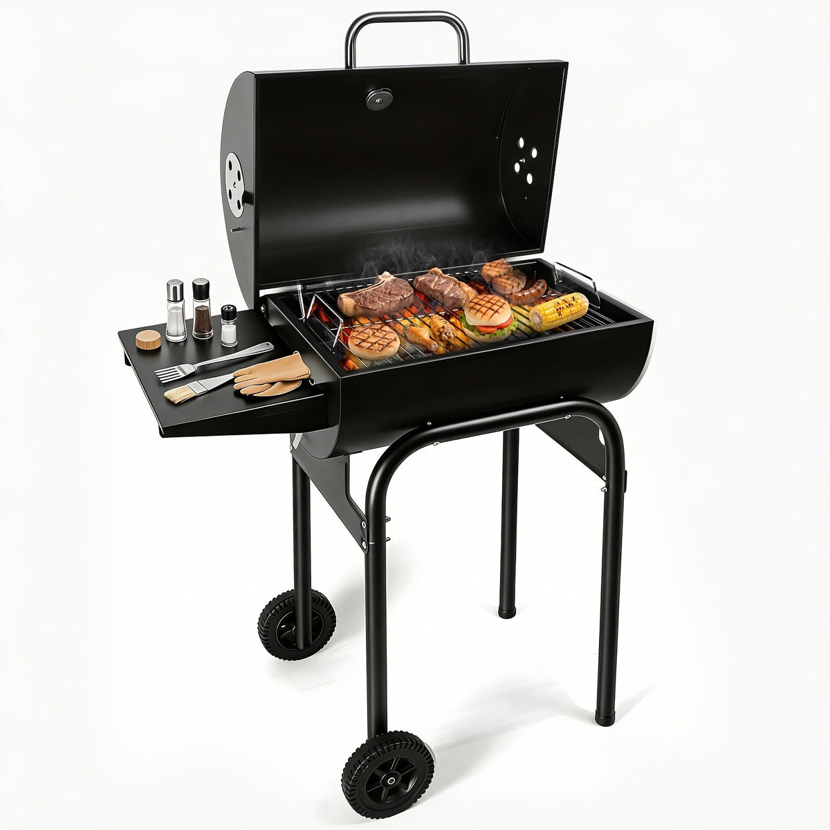 Barrel Charcoal Grill with Offset Smoker, Wheeled Cart, Side Firebox and Two Black Configuration Options — image 9