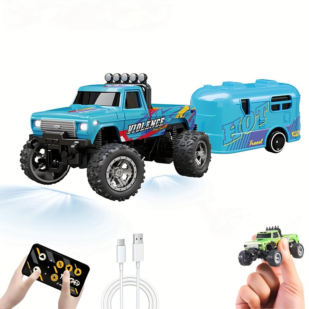 Mini RC Truck Toy 1:64 Scale 2.4GHz Off-Road Alloy Crawler with Detachable Trailer Body Lights & LED Headlights — image 4