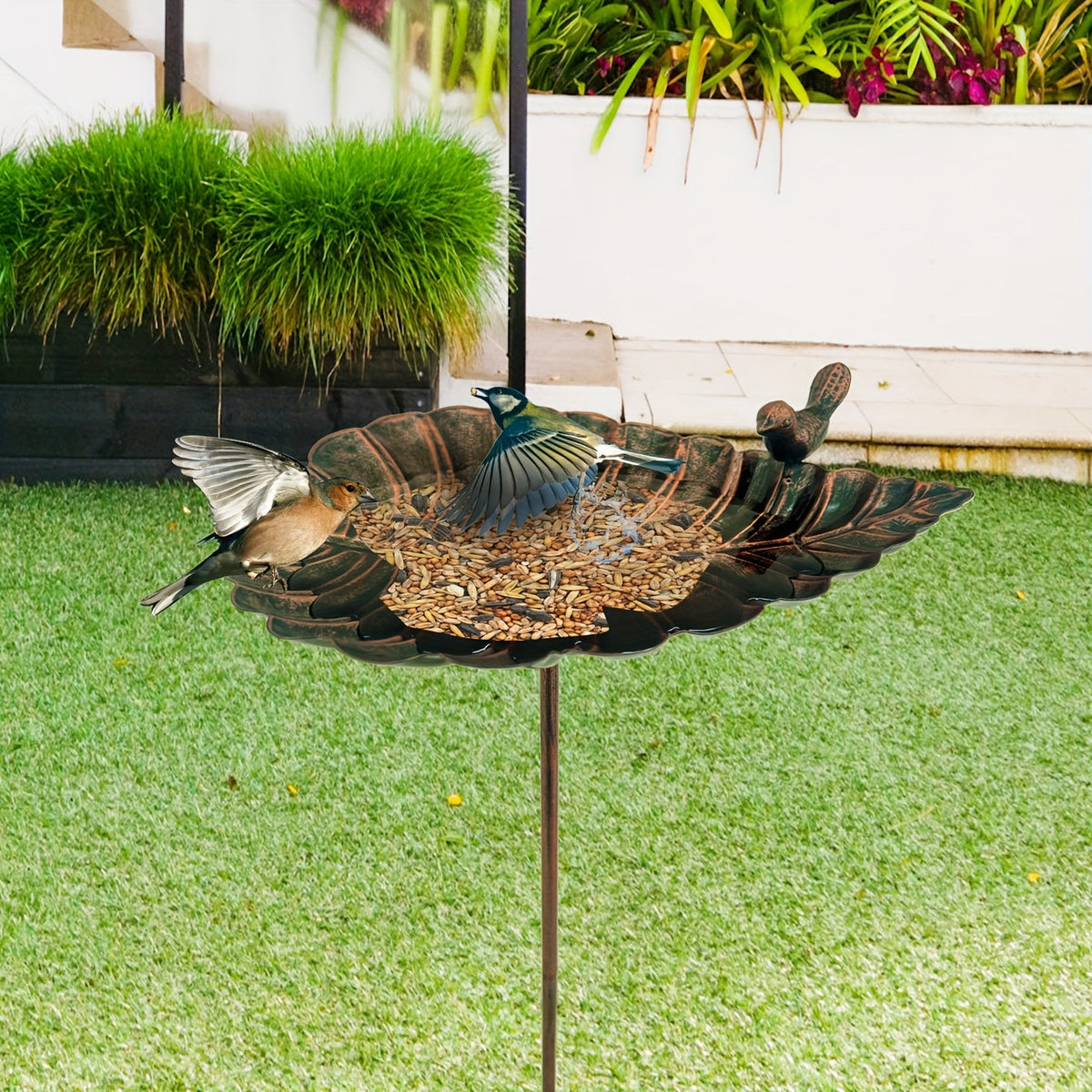 20-Inch Copper-Look Leaf Bird Bath with Bird Accent and Two-Prong Garden Stake for Yard and Lawn — image 2