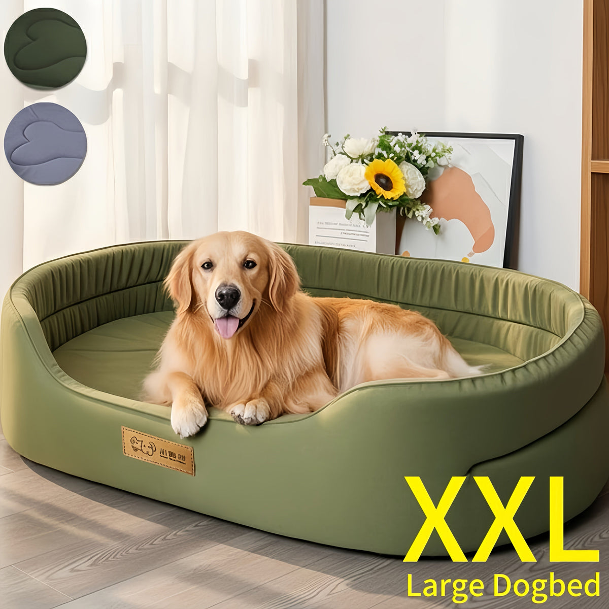 Oval Bolster Dog Bed with Gray or Green Cover and Three Labeled Sizes from M to 2XL, Six Variants — image 1