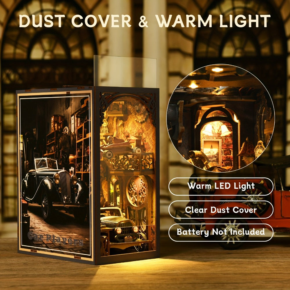 Car Players Book Nook Kit with 145-Piece Vintage Garage Scene, Warm Light and Clear Front Cover — image 4
