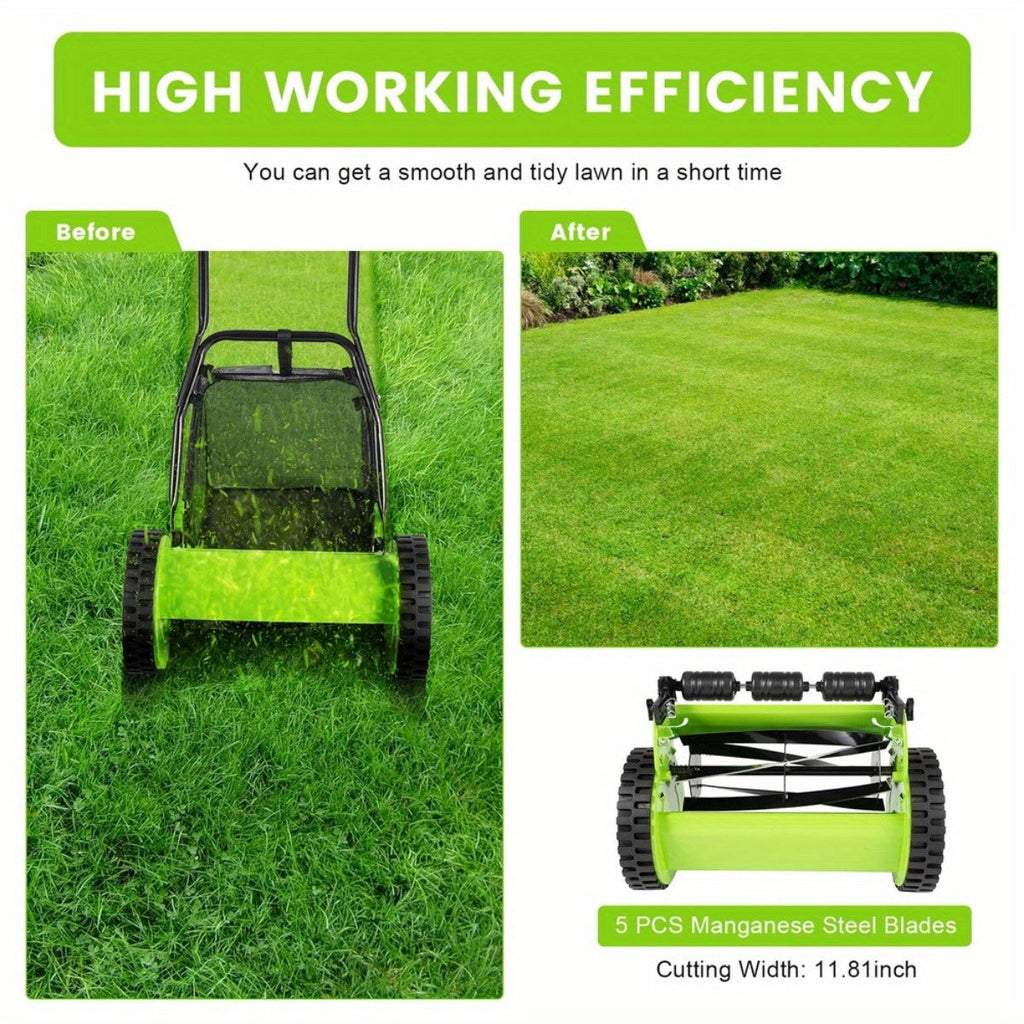 Manual Reel Lawn Mower 5-Blade Push Mower 11.8-Inch Cutting Width Adjustable Height 0.47"-1.77" for Garden, Patio and Yard Us