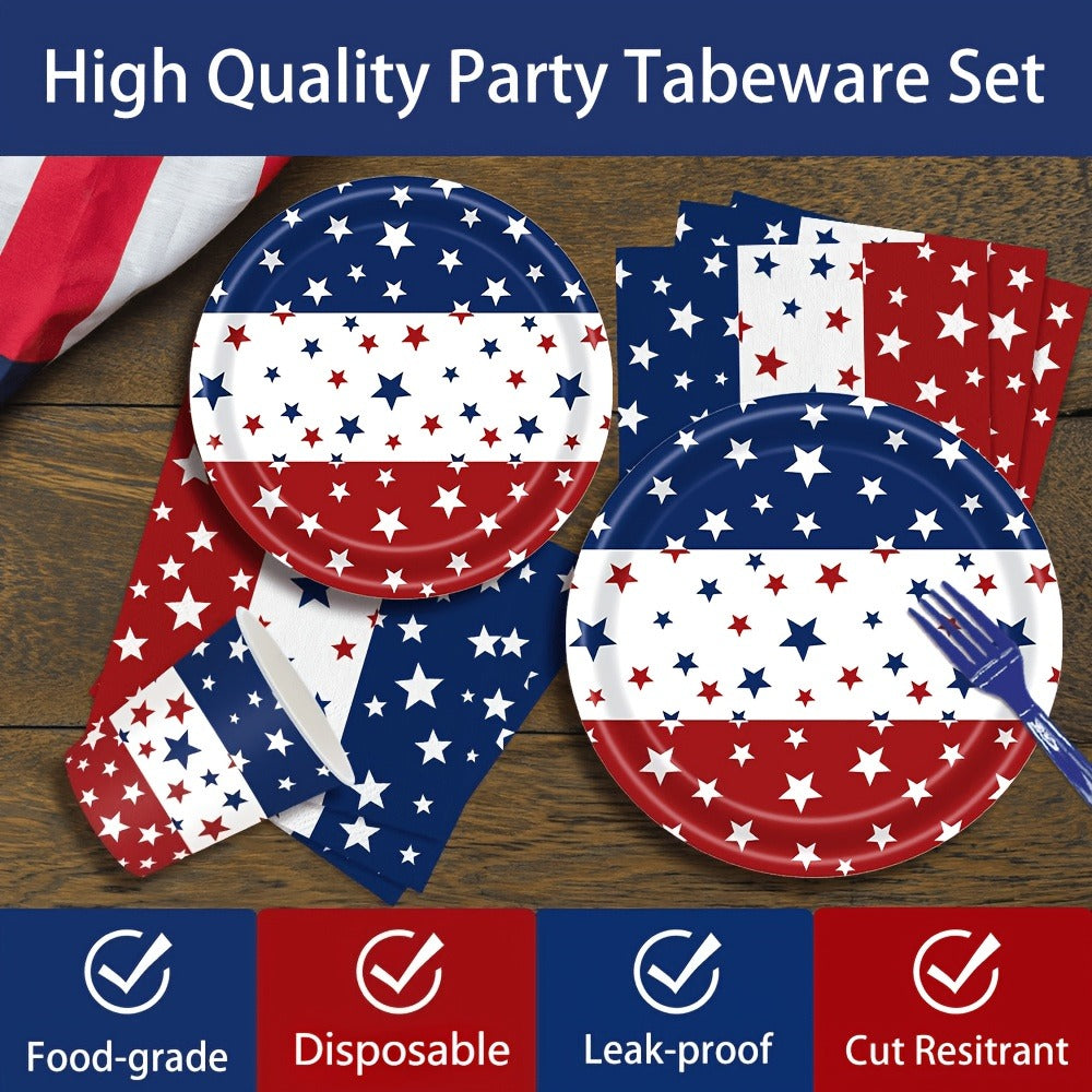 Patriotic Tableware Party Supplies Set with 140 Pieces for 20 Red White Blue Star-Print Settings — image 3