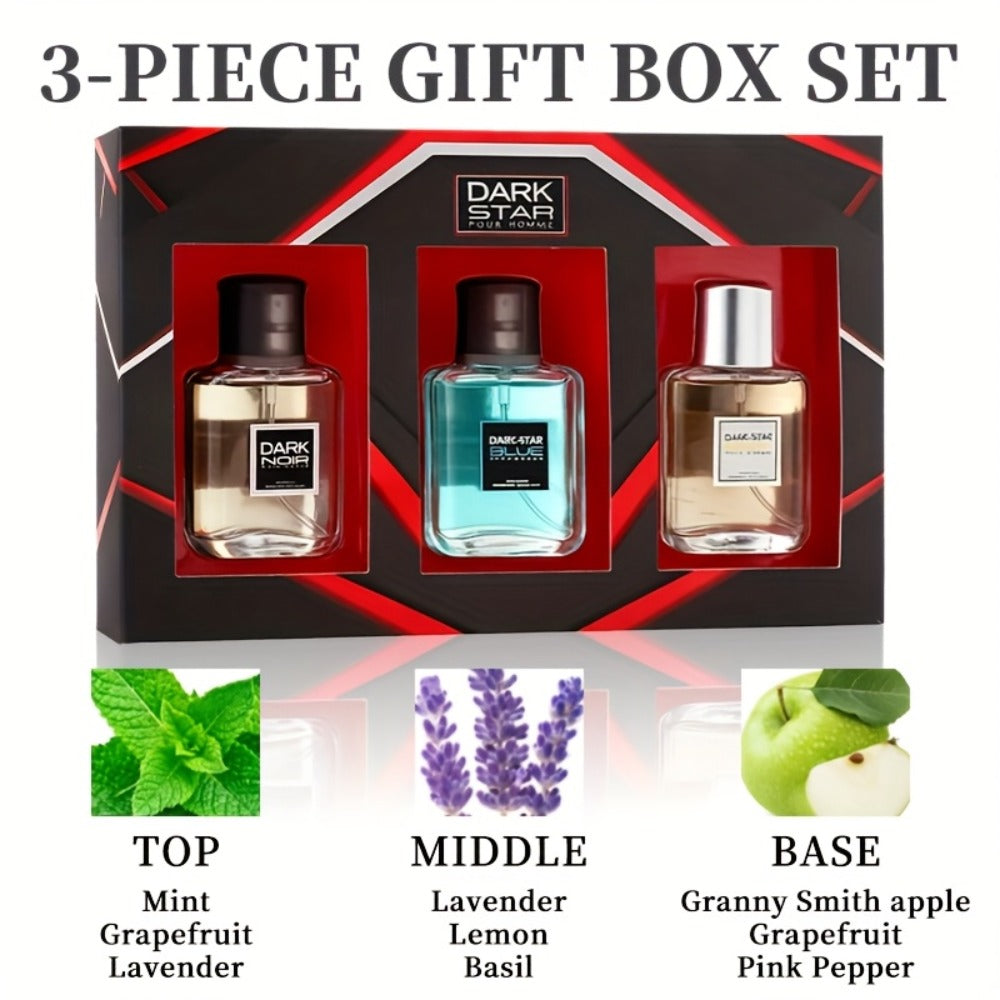Men's Cologne Gift Set with Three 30ml Eau de Toilette Sprays in Blue, Amber and Clear Glass Bottles — image 2