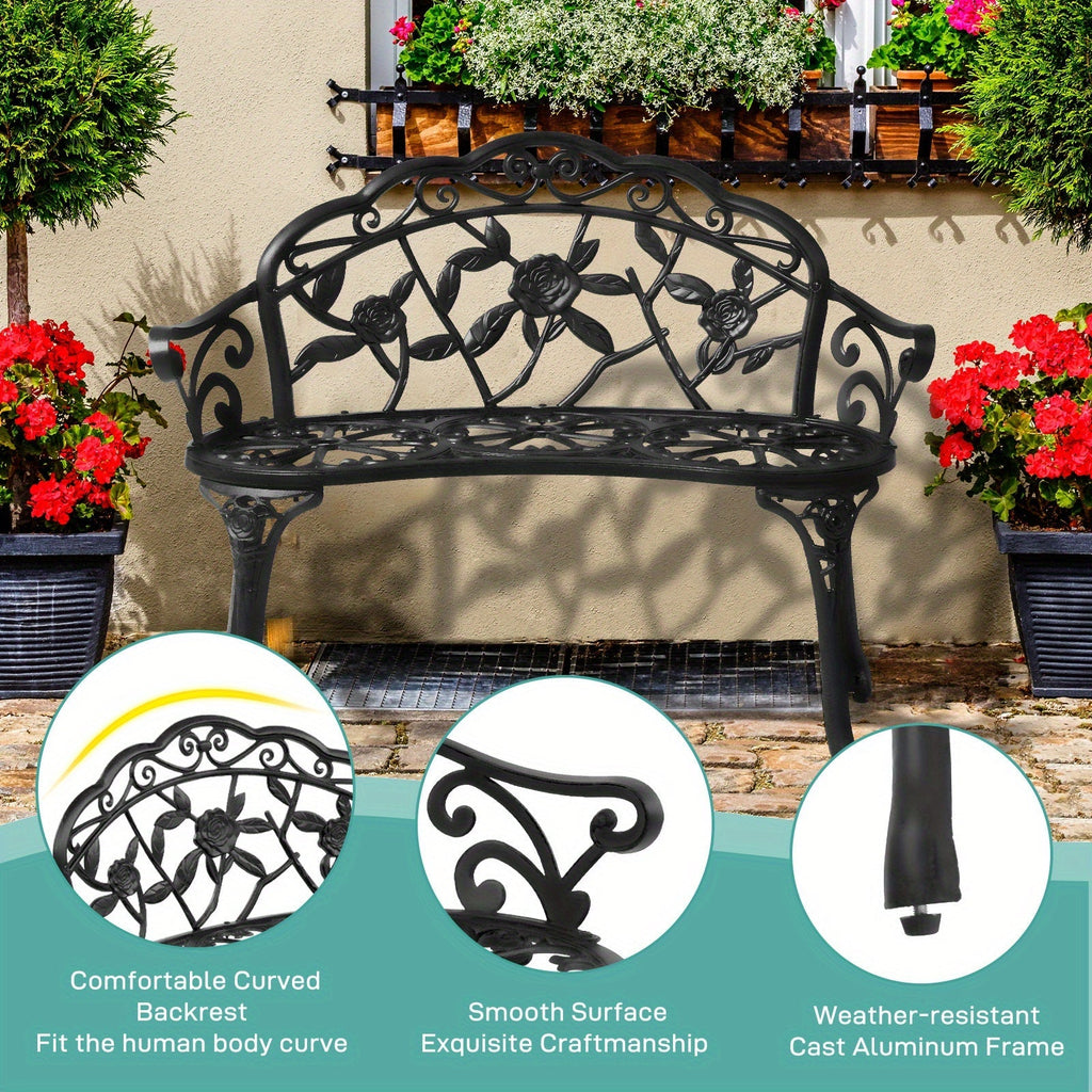 Floral Metal Outdoor Bench with 38.5in Rose-Pattern Seat and Back, Curved Arms and Four Color Options — image 11