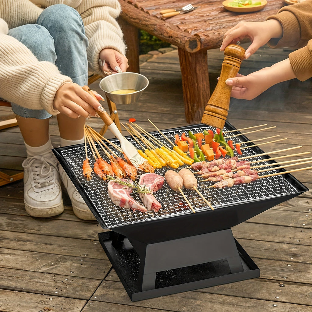 18.5-Inch Black Square Fire Pit and Grill with Mesh Pyramid Cover, Cooking Grate and Long Poker — image 3