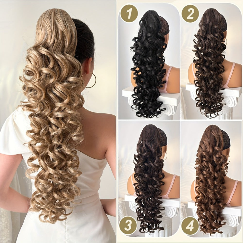 Curly Ponytail Extension 28 Inch Long Heat Resistant Synthetic Clip In Wrap Around Hairpiece Voluminous Bouncy Curls 4 Styles