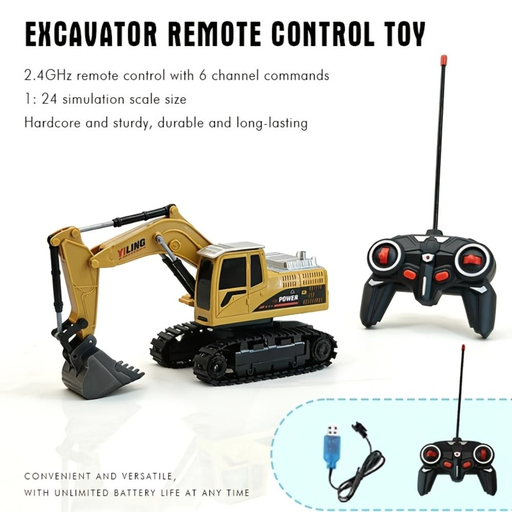 RC Excavator Toy 1:24 Scale 2.4GHz 9-Channel Remote Control with Alloy Metal Cap Lights & Sound Rechargeable Battery — image 