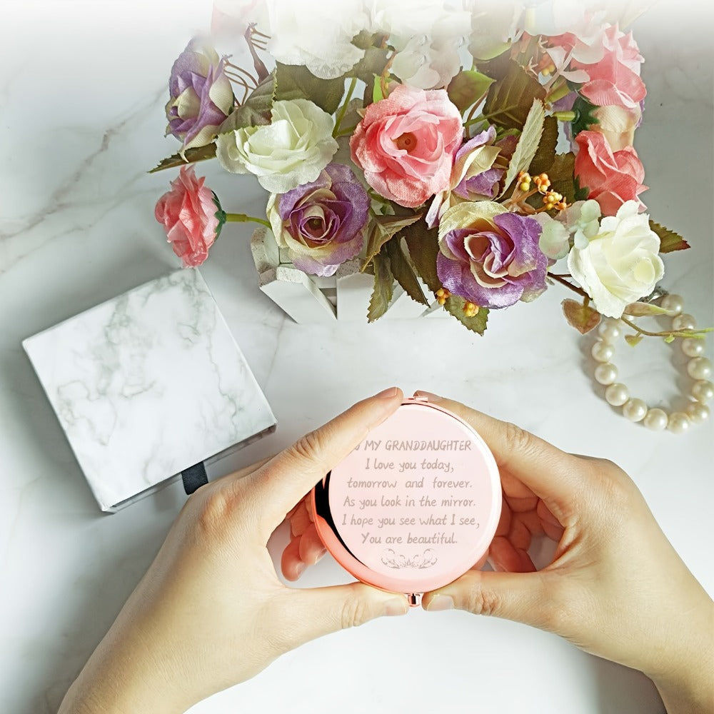 Rose-Gold Granddaughter Compact Mirror with Regular and Magnifying Views, Engraved Message and 2.9 x 2.6-Inch Case — image 2