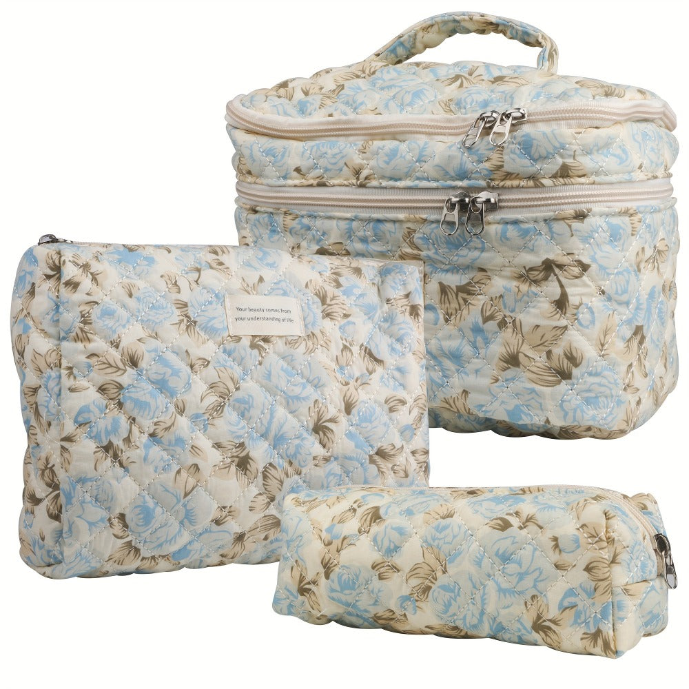 Makeup Bag Three-Piece Quilted Cotton Dual-Layer Floral Pouch Set for Travel, Vanity and Everyday Beauty Storage — image 6