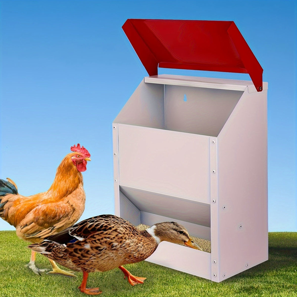 Chicken Feeder, Metal Galvanized Wall Mount Coop for Garden, Patio and Yard Use, with the Listed Configuration — image 3