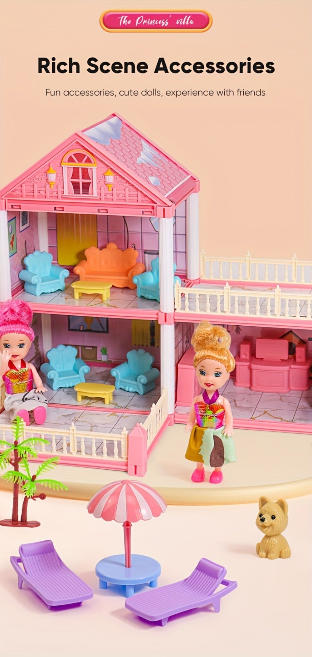 Princess Doll House Castle with Furniture & Accessories, Pink or Blue Mini Villa Playset 14 to 27 Rooms — image 17