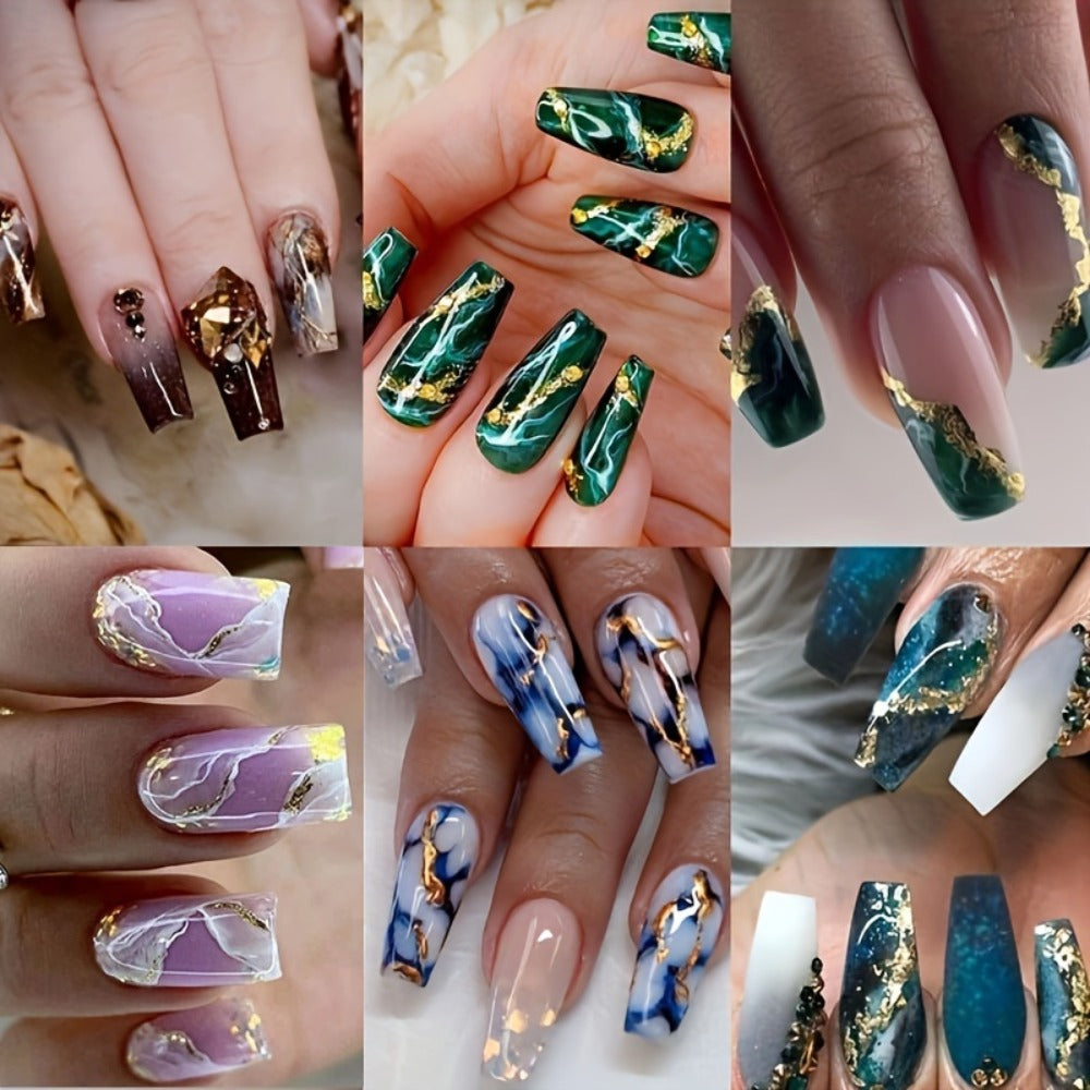 Press On Nails 144-Piece Medium Coffin Set with Blue Marble, Sequins and Included Nail Glue — image 3