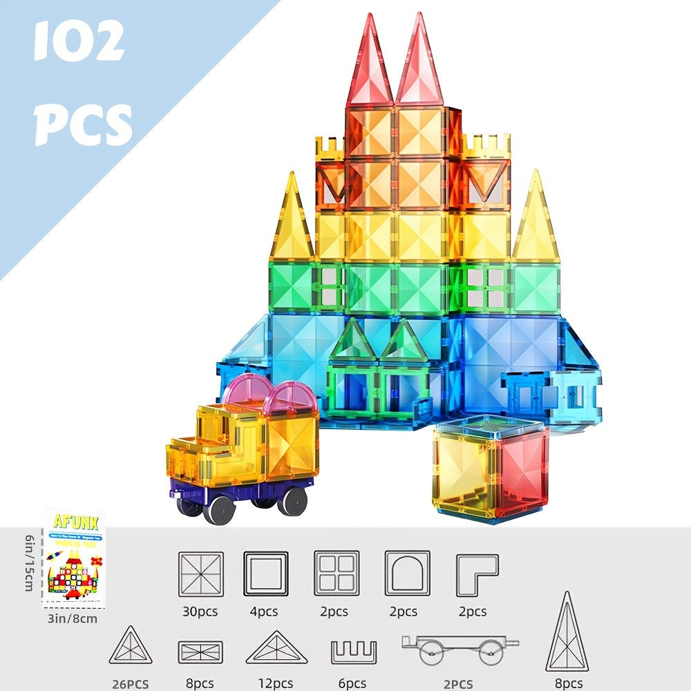 Castle Magnetic Tiles Building Set 102 or 116 Pcs, 3D STEM Sensory Blocks, Pretend Castle Playset for Preschool Boys & Girls 