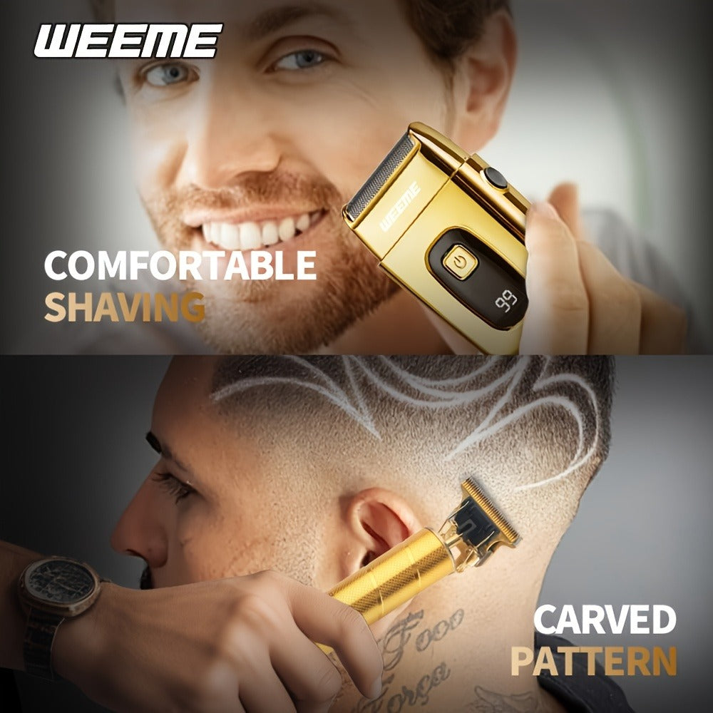 Hair Clipper WEEME Gold or Blue Three-Tool Grooming Set with LCD Display, USB Charging and Guide Combs — image 12