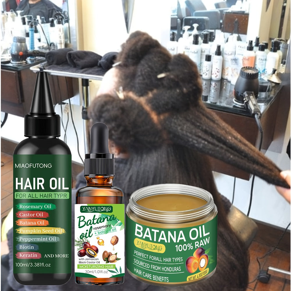Biotin Hair Oil 3-Piece Set with Cold-Pressed Bataina Oil Essential Oil & Conditioner, Strengthens Breakage Split Ends Enhanc