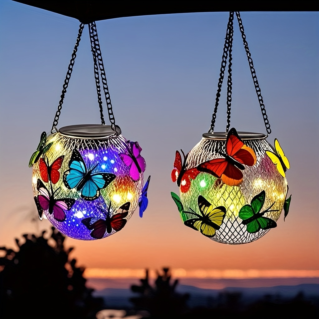 Solar Outdoor Lights 2-Pack Metal Butterfly Hanging Lanterns in Warm White or Multicolor for Porch Decor — image 9