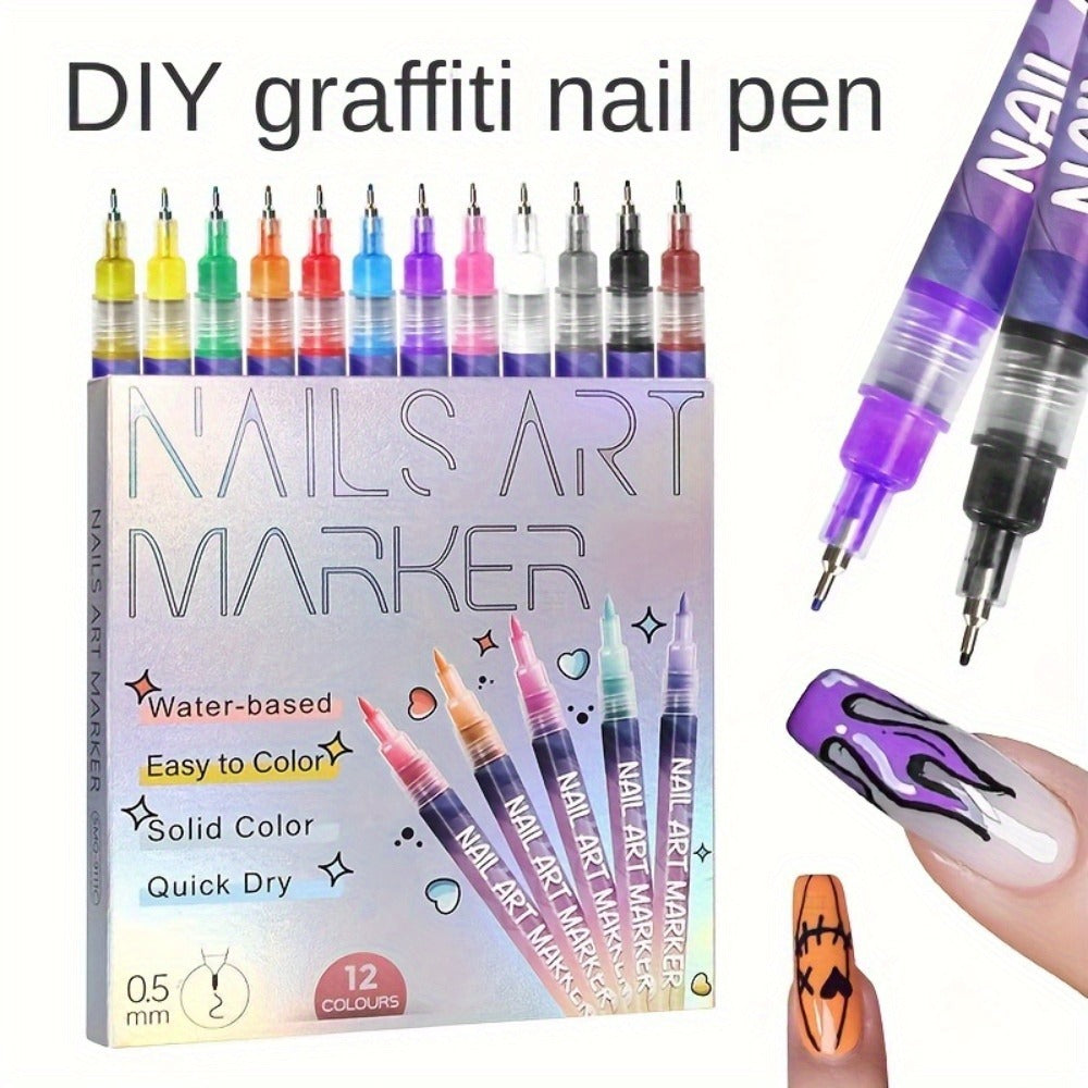 Nail Art Pens 12 Colors Quick Dry 3D Graffiti & Detail Brush Set – Ultra-Fine Precision Drawing Pen Kit for DIY Nail Design —