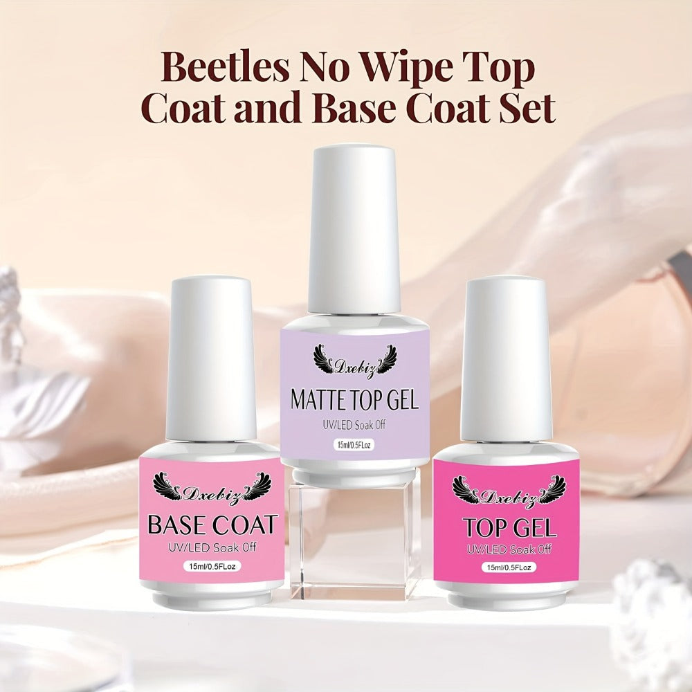 Gel Nail Polish 3-Piece Base and Top Coat Kit with No-Wipe Glossy, Matte and Base Gel for UV/LED Soak-Off Manicures — image 2