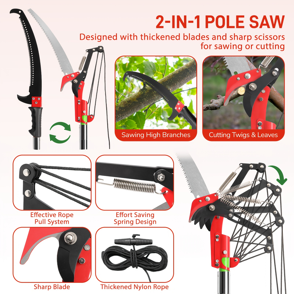 26FT Manual Pole Saw with Pruner & Bag for Garden, Patio and Yard Use, with the Listed Configuration — image 9