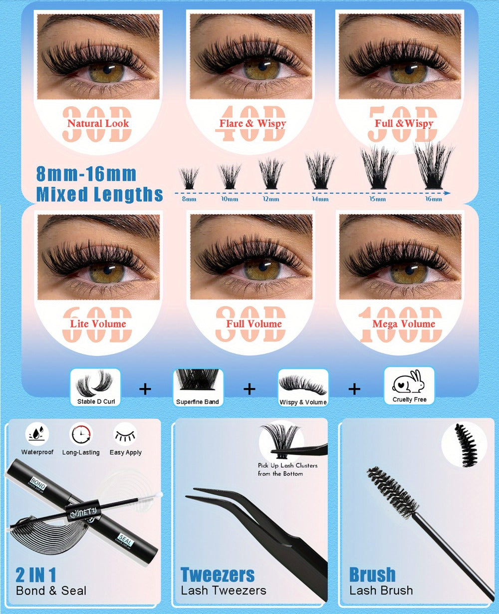 Complete 720-Piece Handmade Cluster Lash Kit with Glue & Tweezers, 30D to 100D, 6 Styles & Lengths — image 12