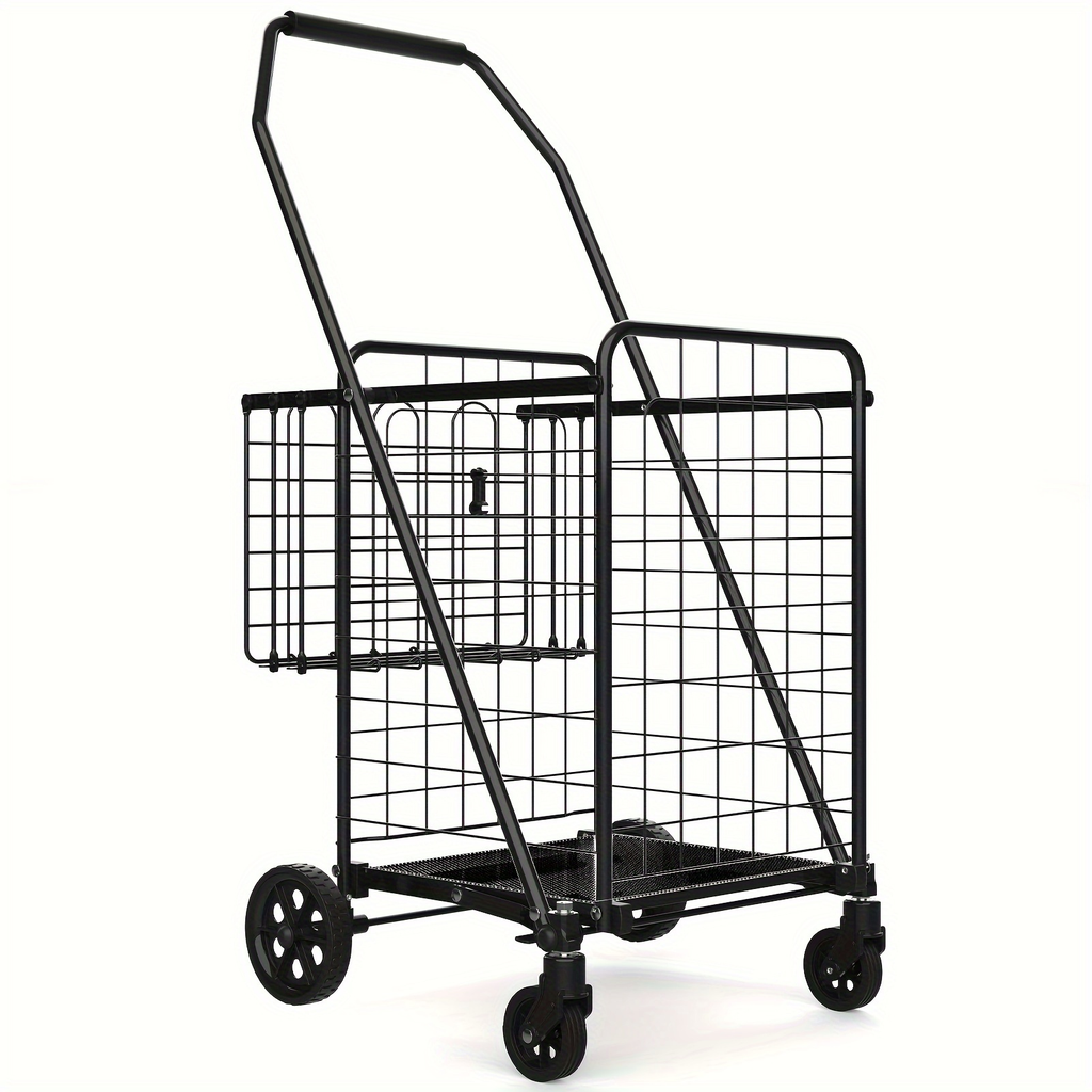 Folding Grocery Cart on Wheels, Double Basket Shopping Cart for Groceries Laundry Foldable Utility Cart — image 6