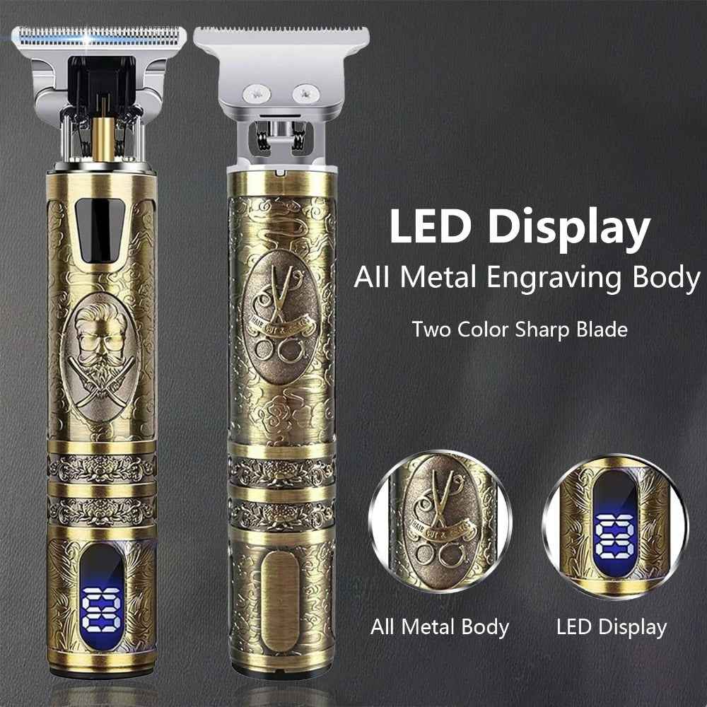 Hair Clippers & Trimmers Vintage Gold T-Blade Model with LCD Display, USB Charging and Three Etched Designs — image 8