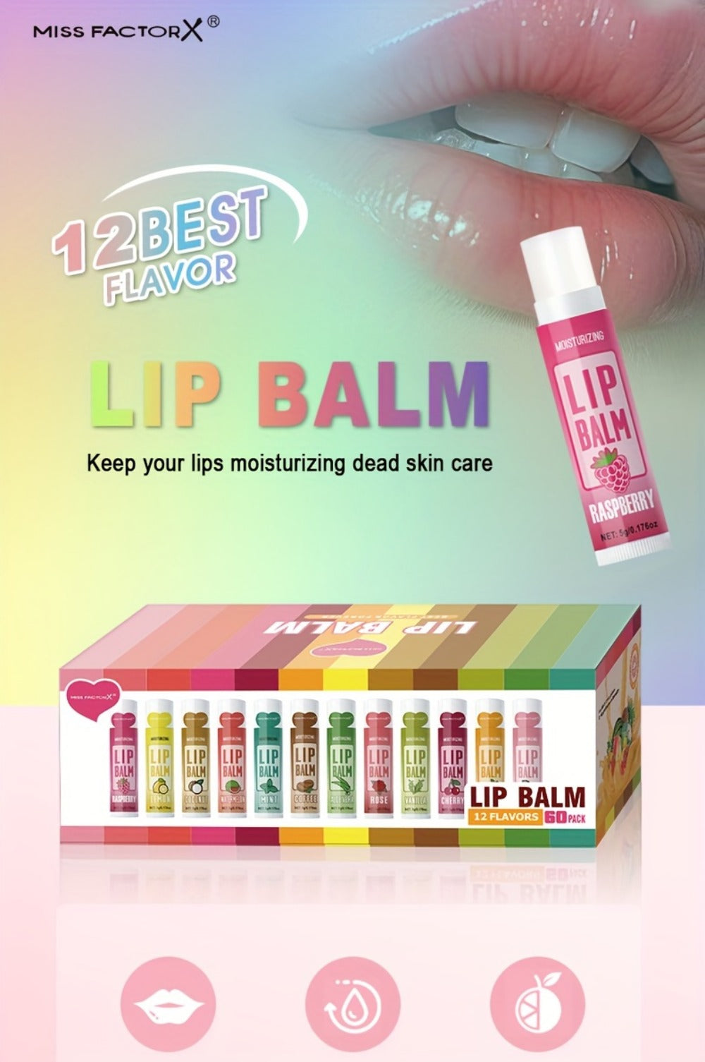 60-Piece Tube Lip Balm Set with 12 Pictured Flavor Labels in a Multicolor Display Box Assortment — image 11