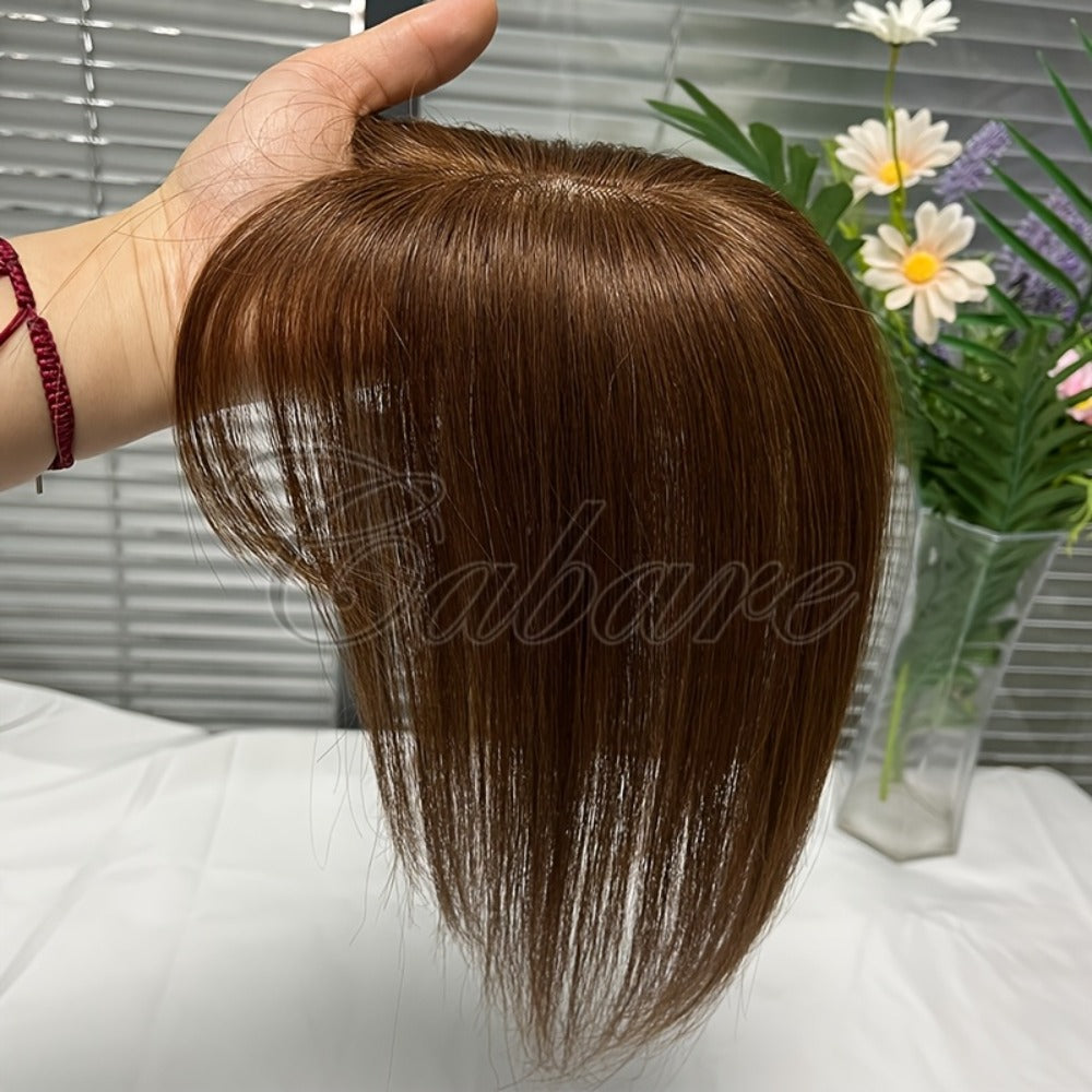 Hair Topper with Bangs Human Hair 5x9 Base Straight Clip In Crown Coverage Volume Booster, for Home, Travel and Salon Hair St