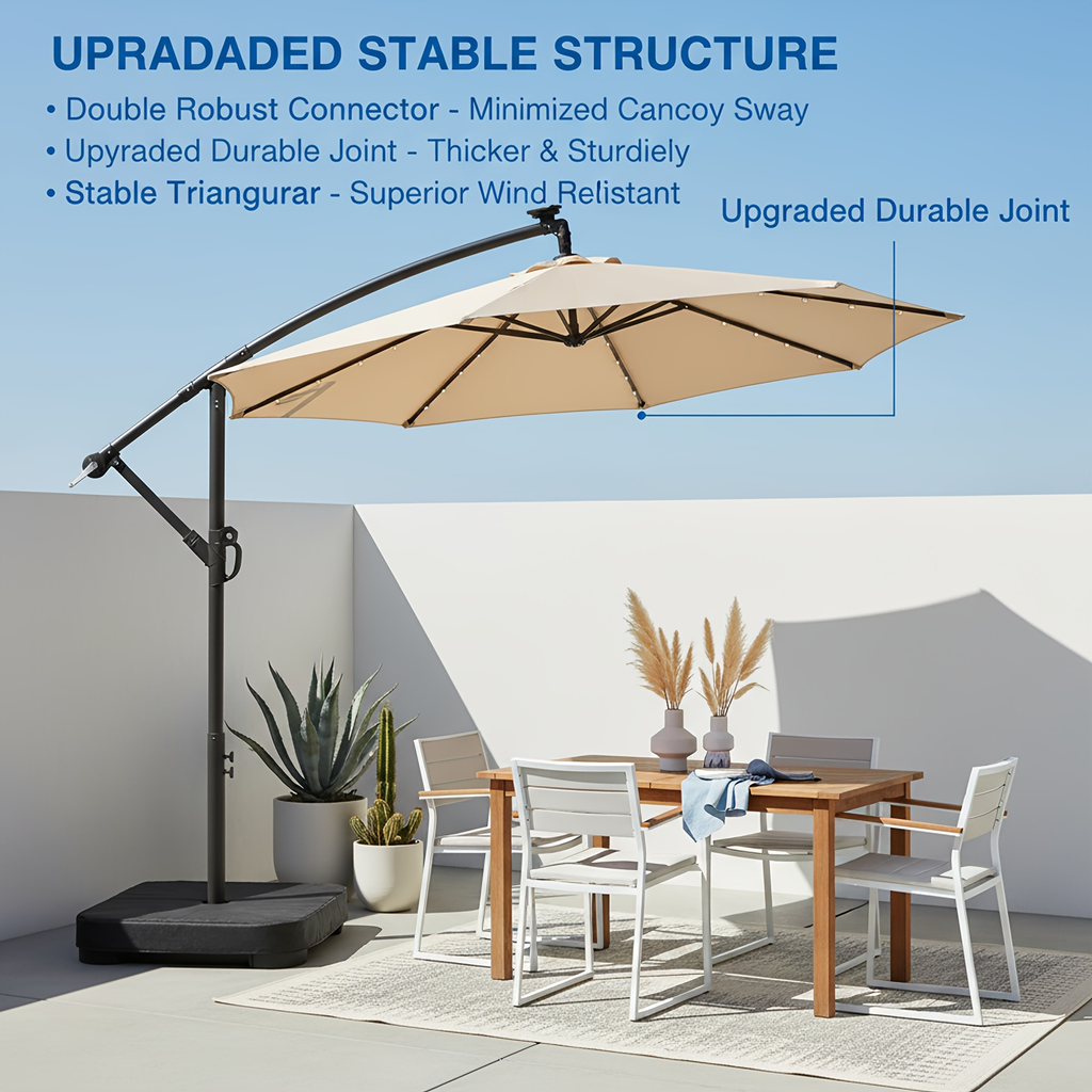 Patio Umbrella 10FT Offset Cantilever Solar LED Style with Tilt, Crank and 16 Base-Choice Color Options — image 21