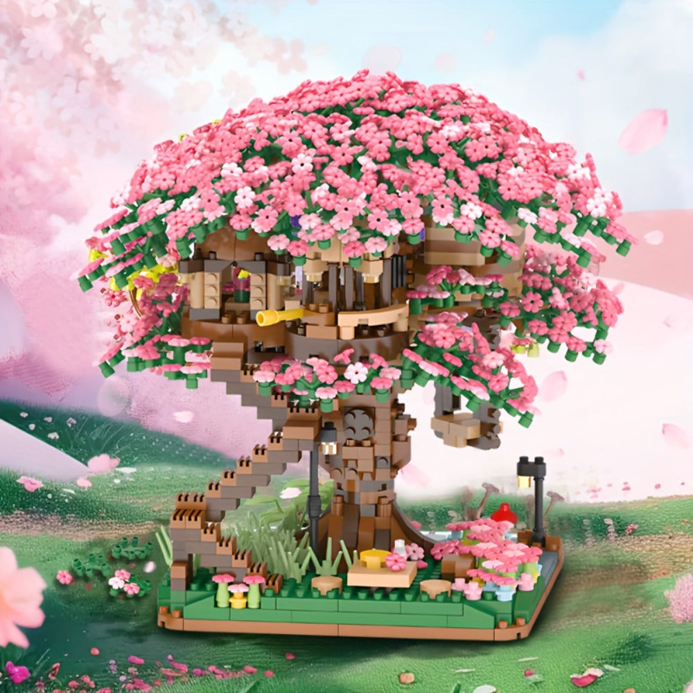 Building Block Set Cherry Blossom Tree House, 1020 or 2028 Micro Pieces with Pink Canopy and Base Display — image 7