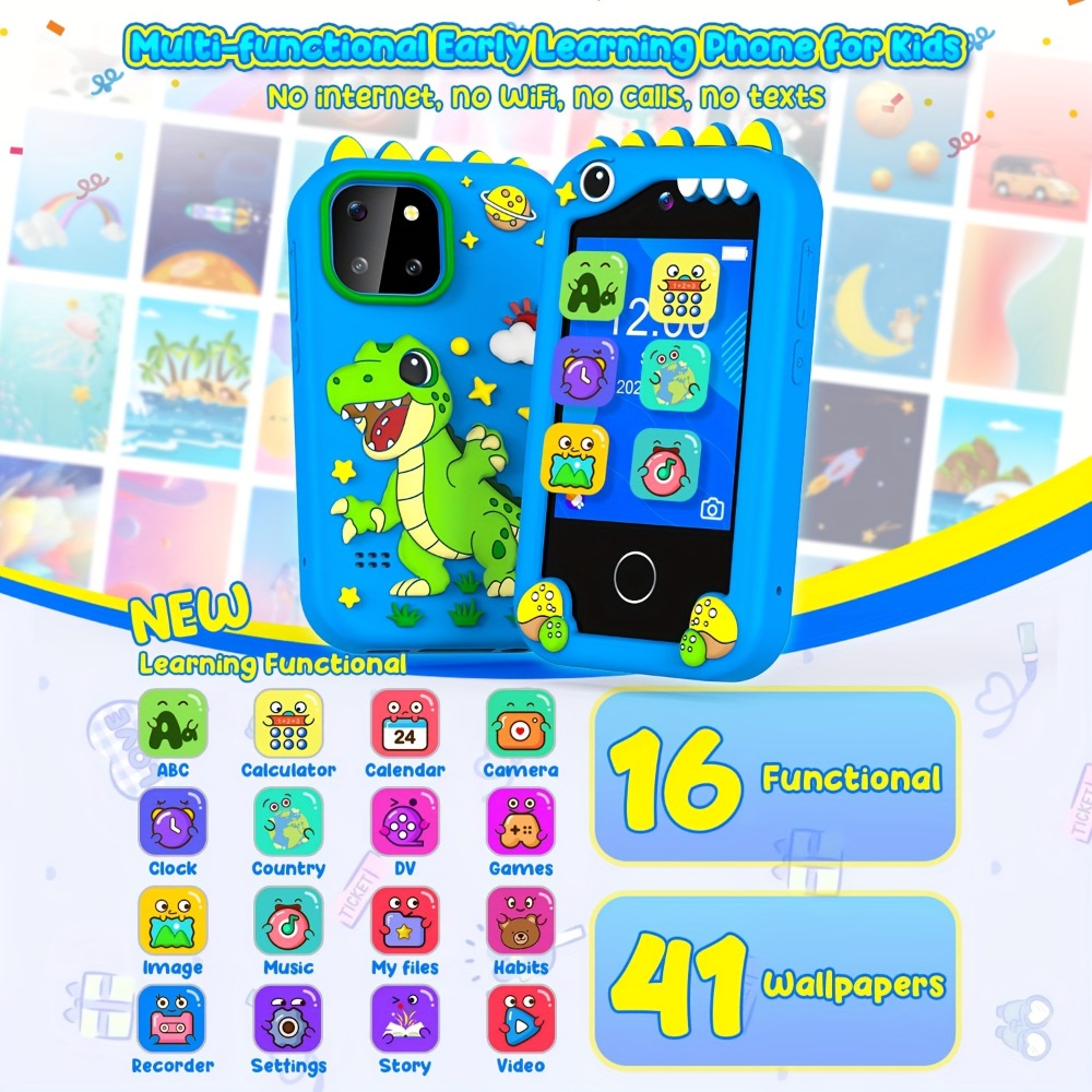 Kids Toy Mobile Phone with Dual Cameras, Touchscreen & MP3 Player, Educational Toy with Games, Alarm Clock & USB Charging — i