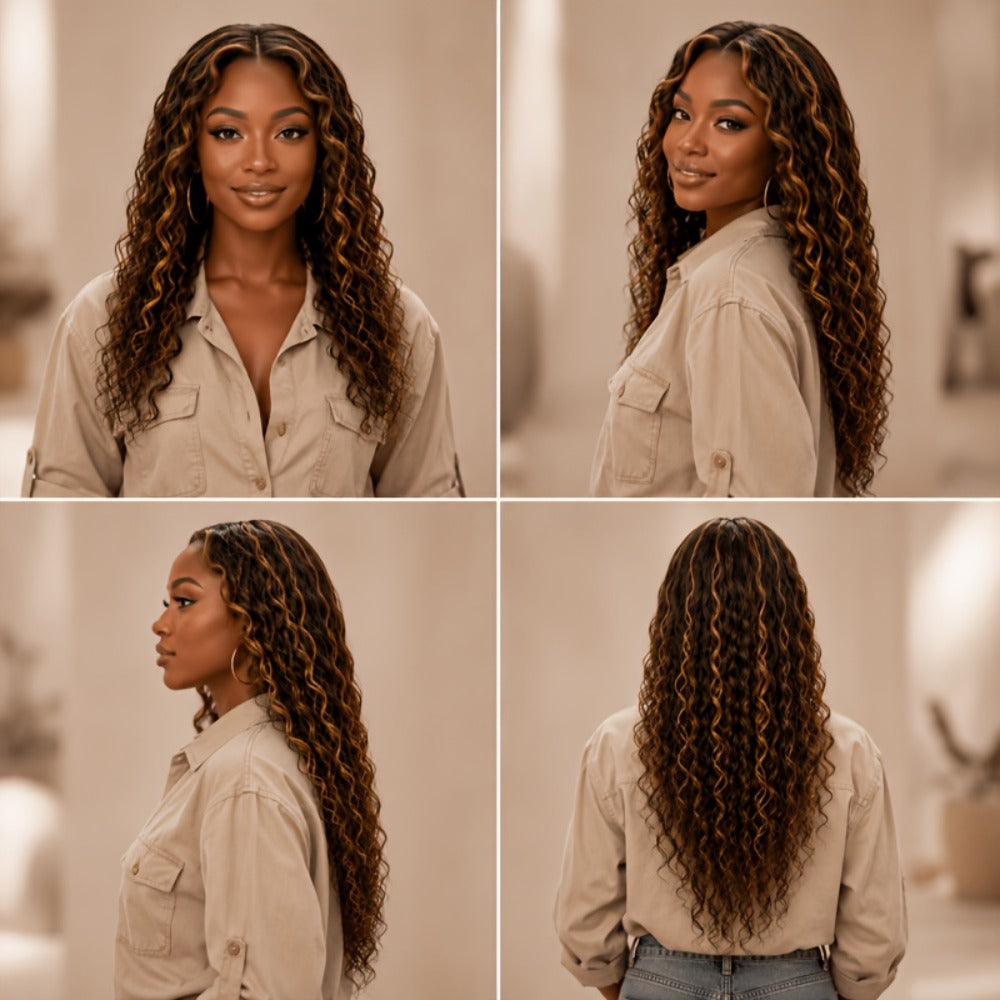 Lace Front Wig 24in Kinky Curly Synthetic Style with 1x4 Lace and Dark Brown Golden Highlights — image 4