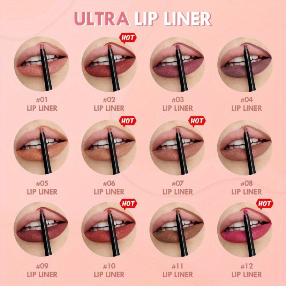 Waterproof Lip Liner Pencil Set 12 Pieces Multi-Functional Lip Eye & Brow Liner, for Makeup, Travel and Everyday Vanity Use —