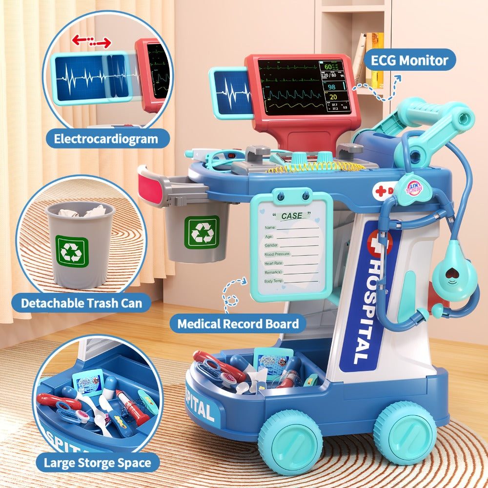 Kids Doctor Kit with Medical Cart Set, Movable Toy Trolley, Stethoscope, Thermometer & Accessories — image 7