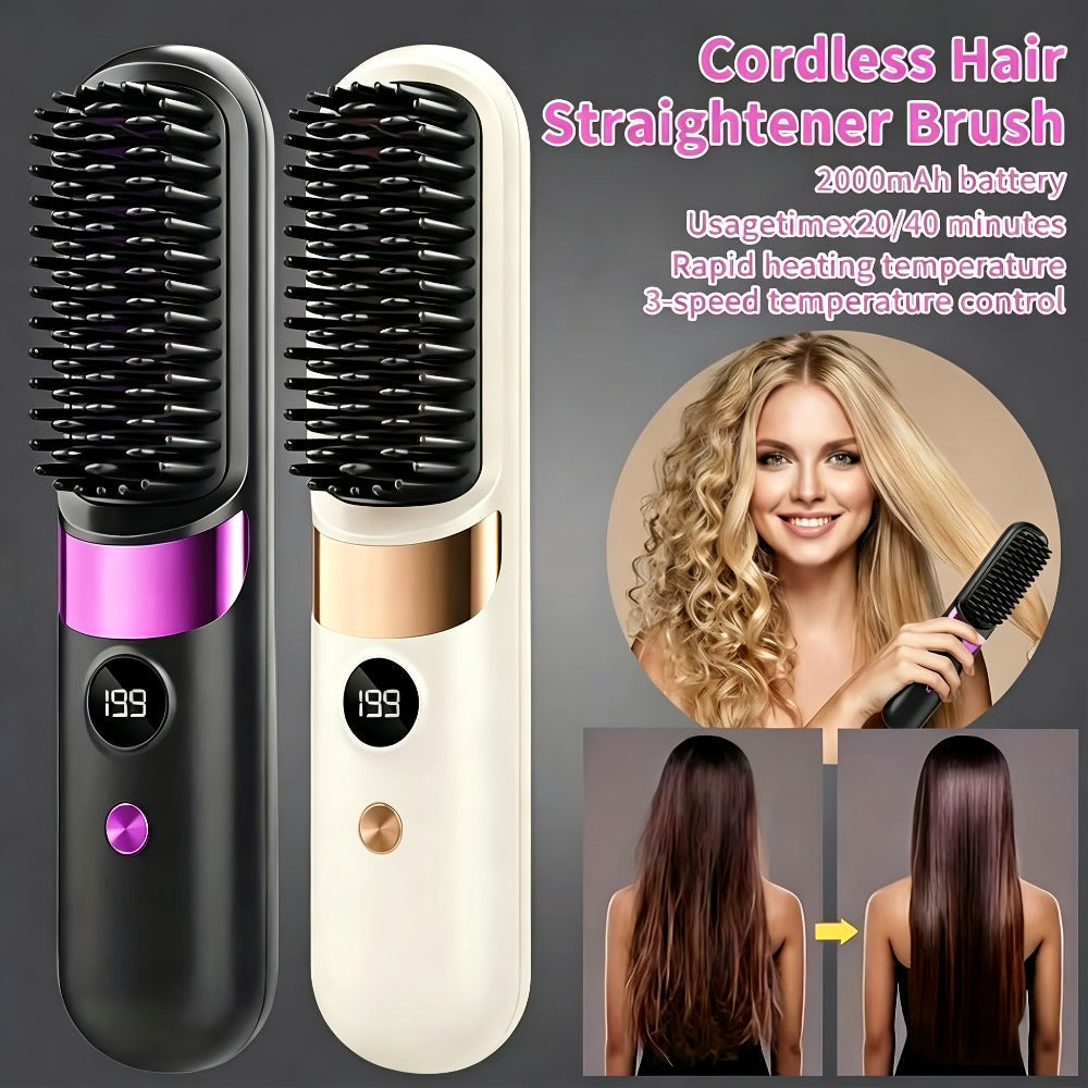 Cordless Hair Straightening Brush USB Rechargeable Portable Heated Straightener Comb Mini, for Home, Travel and Salon Hair St