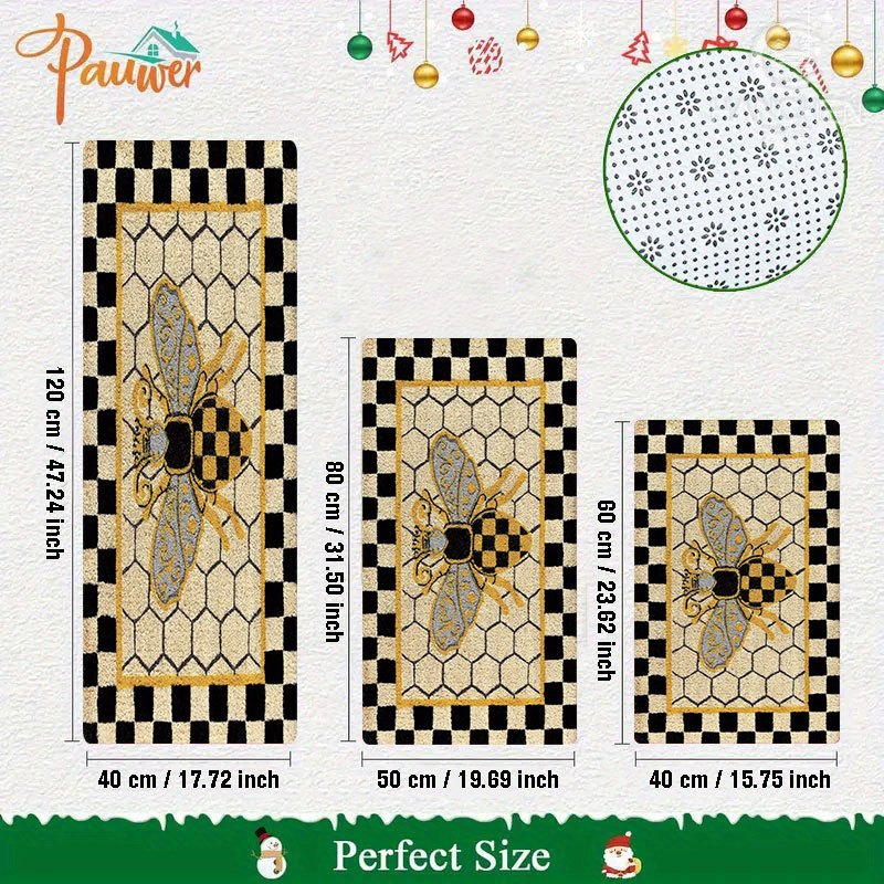 Bee Honeycomb Entryway Floor Mat with Black Check Border in Three Sizes from 15.74 x 23.62 to 17.71 x 47.24 Inches — image 9