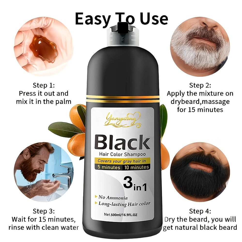 Hair Dye Shampoo, YANYUTONG 500ml Black 3-in-1 Pump Bottle for Hair and Beard Color Application — image 8
