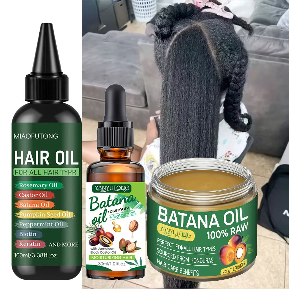 Biotin Hair Oil 3-Piece Set with Cold-Pressed Bataina Oil Essential Oil & Conditioner, Strengthens Breakage Split Ends Enhanc