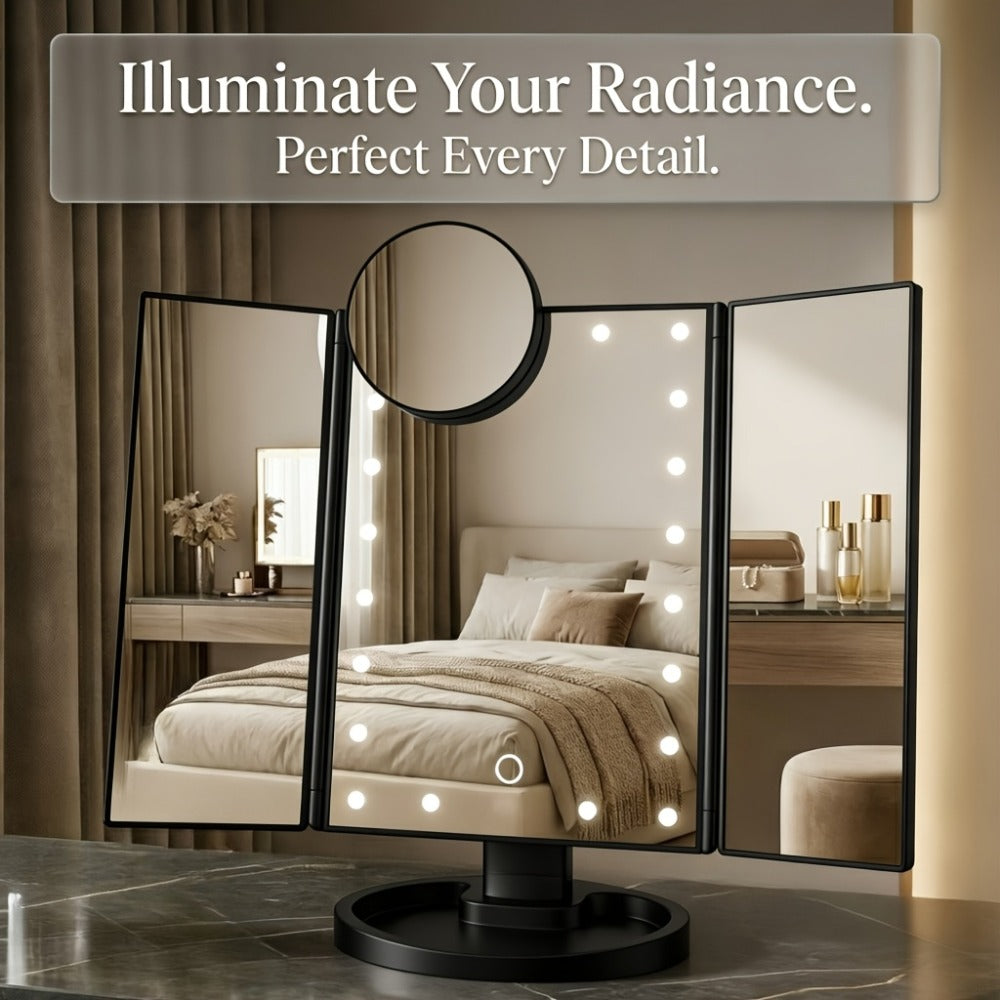 Vanity Mirror with Lights Tri-Fold 21 LED Lighted Makeup Mirror Touch Control 1X 2X 3X 10X Magnification 360 Rotation Dual Po