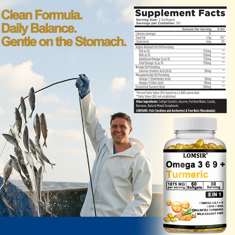 Omega 3-6-9 & Turmeric Softgels with DHA & EPA, Wild Fish Oil Blend, Emulsified Turmeric for Heart — image 2