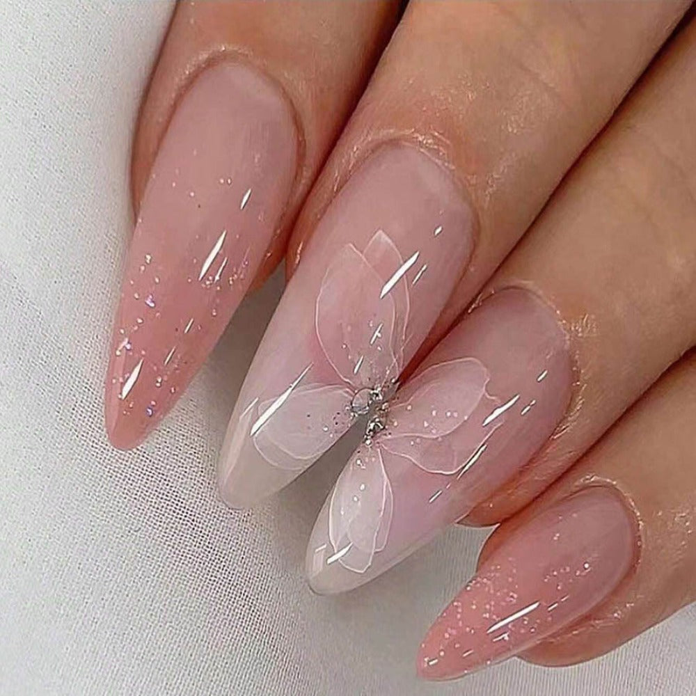 Press On Nails 96-Piece Almond Four-Pack Ice Pink Gradient Flower Butterfly Glossy Full-Cover Set — image 8