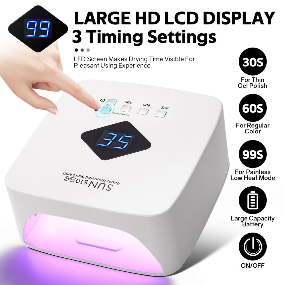 LED Nail Lamp Rechargeable HD Display Smart Nail Dryer Fast Cure All Gel Polish UV Light Cordless Portable Low Heat Mode Home
