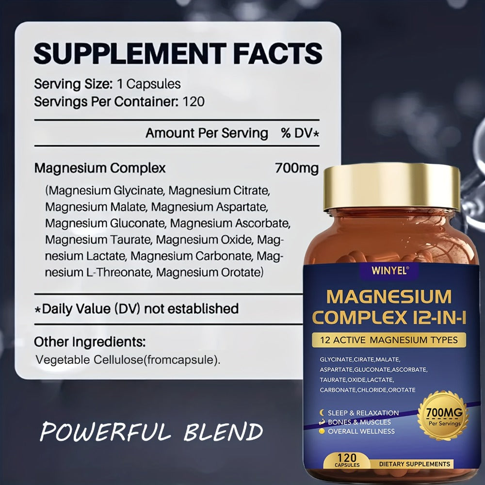 Magnesium Complex 700mg 12-in-1 120 Capsules with Glycinate, Citrate, Malate & Taurine for Sleep — image 8